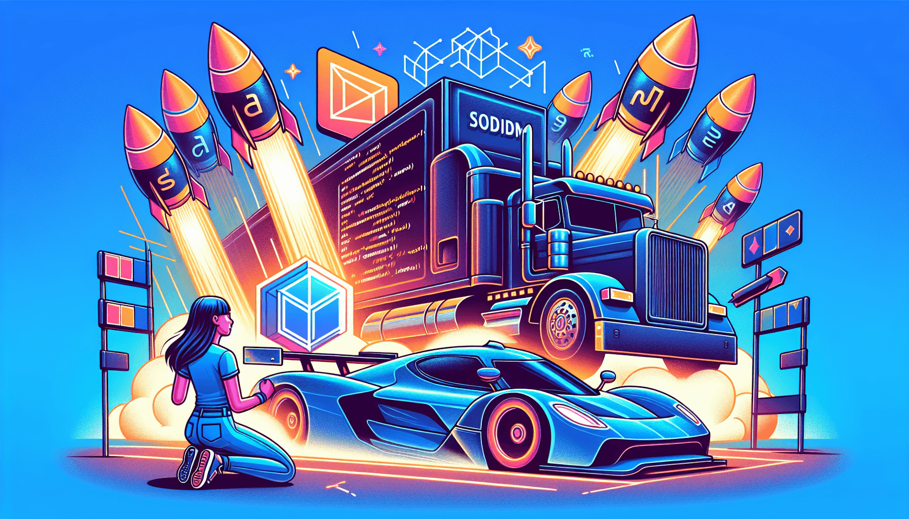 Race car blasting past VDOM truck, symbolizing SolidJS speed