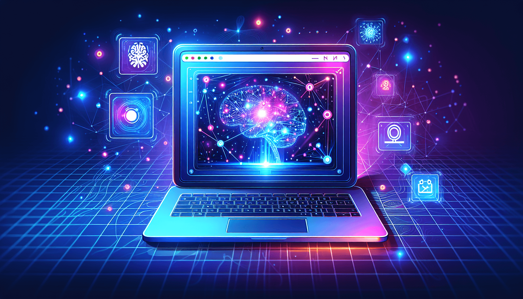 Illustration of a browser window with neural network nodes and AI icons representing machine learning happening locally in the browser