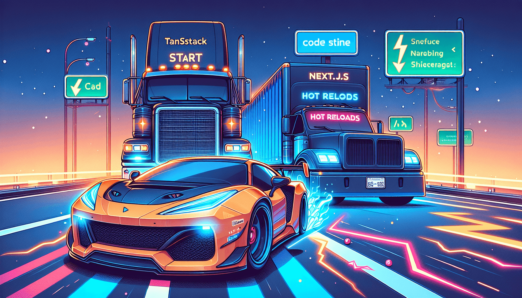 Race car TanStack Start overtaking Next.js truck in dev speed